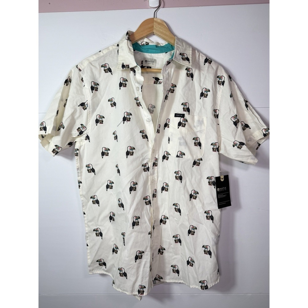 Matix‎ Toucan Print Button Up Shirt Mens M NWT White Short Sleeve Cotton Surf